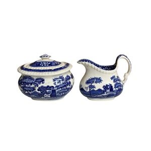 Vintage Spode England Blue Tower Sugar Bowl & Creamer Cottagecore Luxury Classic